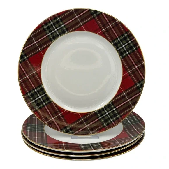 222 Fifth Wexford Christmas Holiday Red Plaid Porcelain Dinner Plates Set of 4