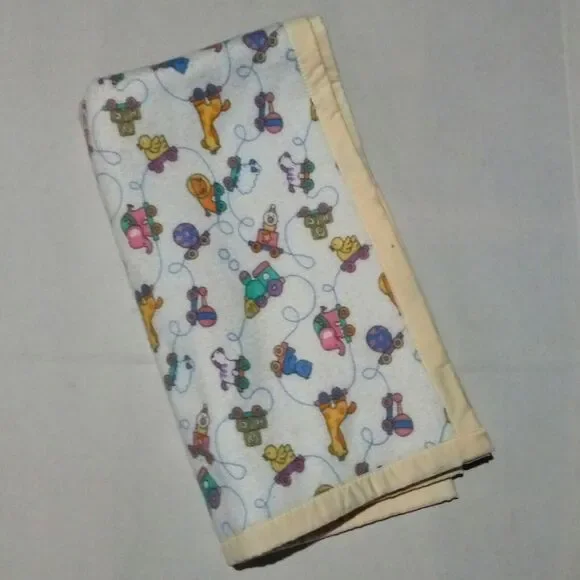 Vintage Animal Train Trimmed Baby Crib Blanket-Pastels-Toys-Block-40 x 42 inches
