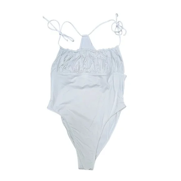 Frankies Bikinis White Ruched Halter‎ One Piece Swimsuit Medium