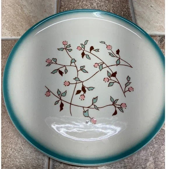 Vintage Ceramic 9 Inch Salad Plate Teal Rim Pink Berry Botanical Vine Pattern