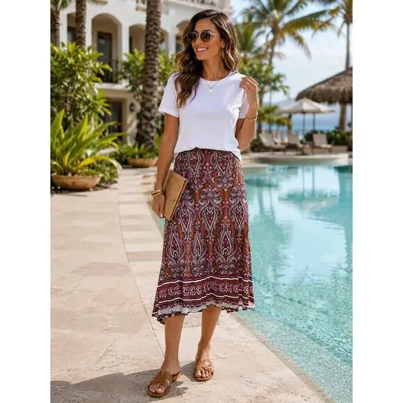 Bob Mackie Paisley Midi Skirt L Boho Chic Stretch Pull-On Pink Brown
