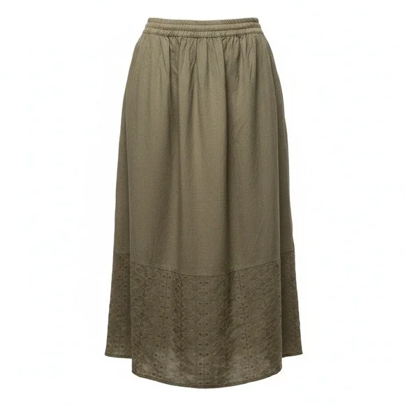 Rave Maxi Skirt Womens Size Medium Olive Green Embroidered Hem Rayon Boho