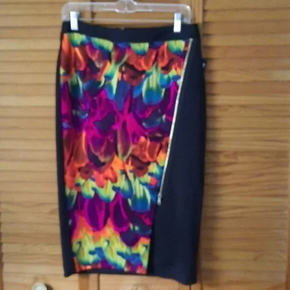 Worthington NWT Black Pink Orange Blue Neon Print Slit Pencil Skirt Size 6