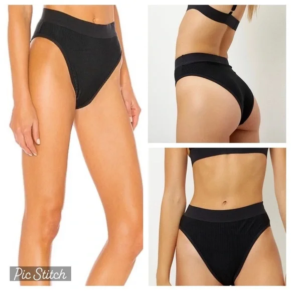 Frankie’s Bikinis Gabrielle Ribbed Black High Waisted Bikini‎ Bottoms Small