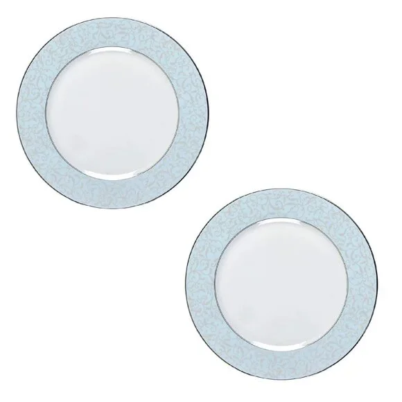 2 new Mikasa PARCHMENT BLUE Fine China Dinner Plates w/ Platinum Scrolls