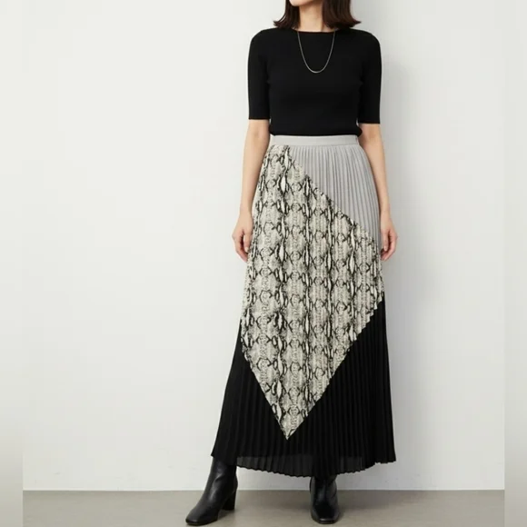 BAR III Vintage Multicolor Snake Print Knife Pleated Broomstick Maxi Skirt XS