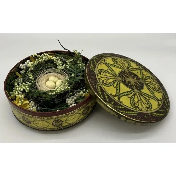 Vtg Floral Tin Birds Nest Eggs Spring‎ Decor Cottagecore Farmhouse Rustic Cabin