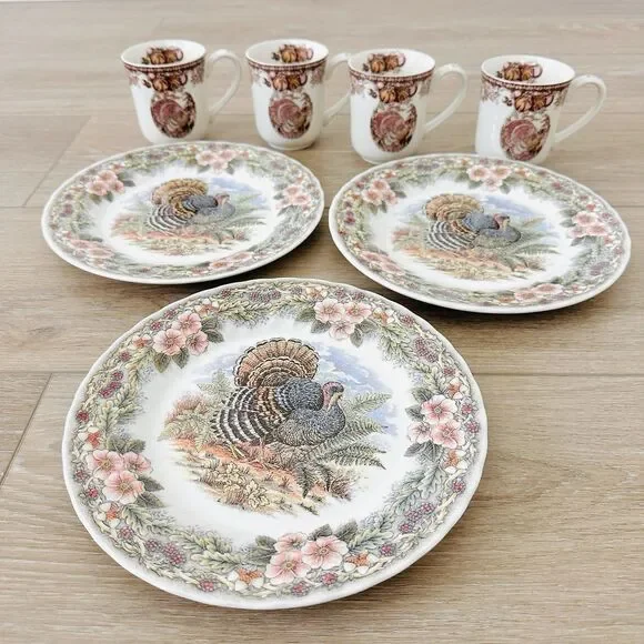 3 Myott Queen's Thanksgiving Transferware Turkey Dinner Plates 10