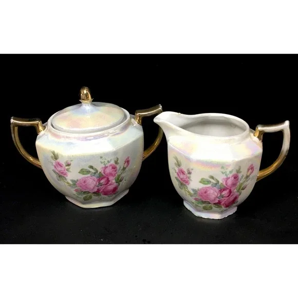 Vintage Eleanor Bavaria Hand Painted Lustreware Sugar & Creamer Set