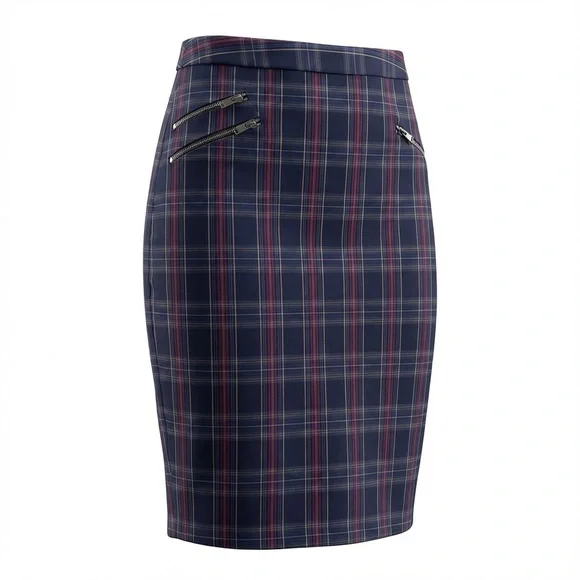 NWT Philosophy Navy Plaid Pencil Skirt With Zipper Details Women’s Size 10