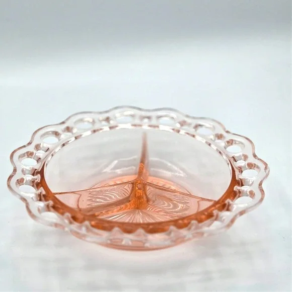 Vintage Old Colony Open Lace Pink Depression‎ Glass 3-Part Relish Dish