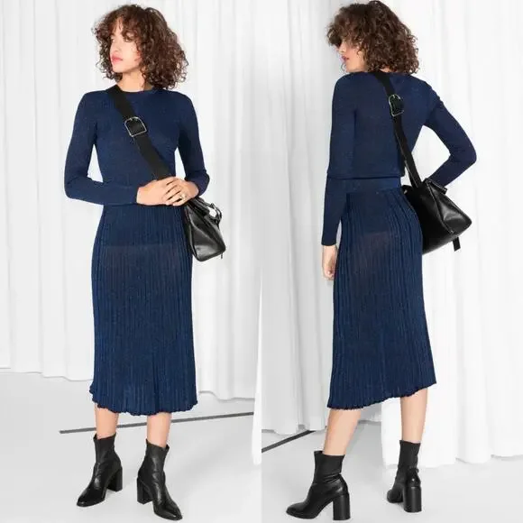 & Other Stories Glittery Pleated Rib Knit Midnight Navy Blue Sheer Midi Skirt XS