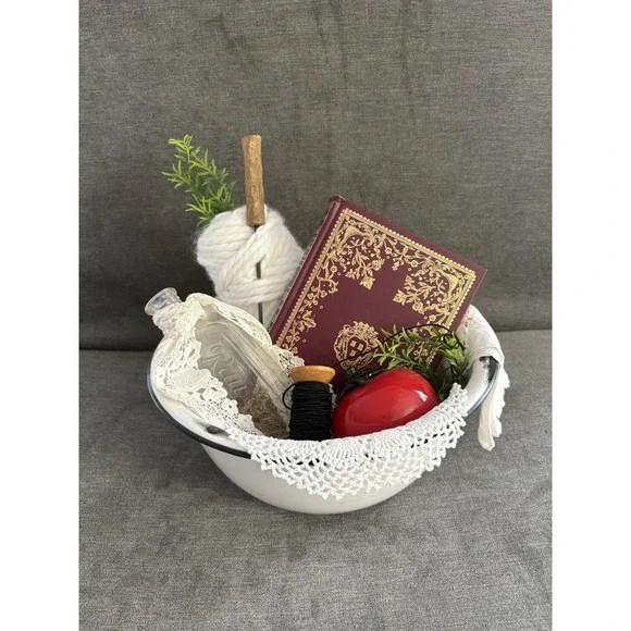Vintage‎ Upcycled Repurposed Primitive Vignette Tabletop Decor Enamel Bowl