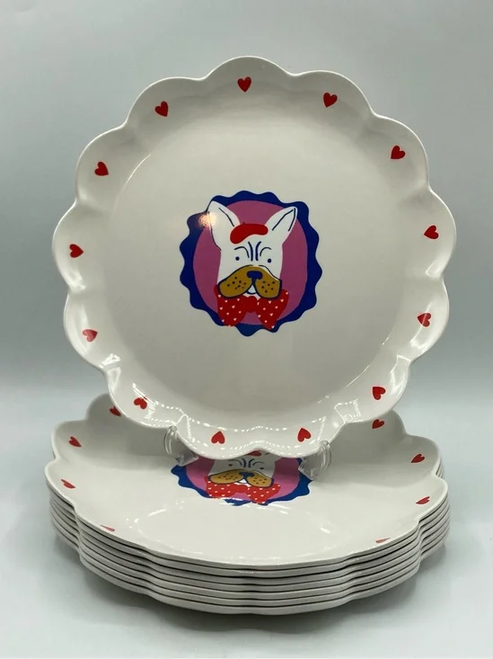 8 Set Target Pillowfort 10.5” Scalloped Melamine Dinner Plates Frenchie Dog