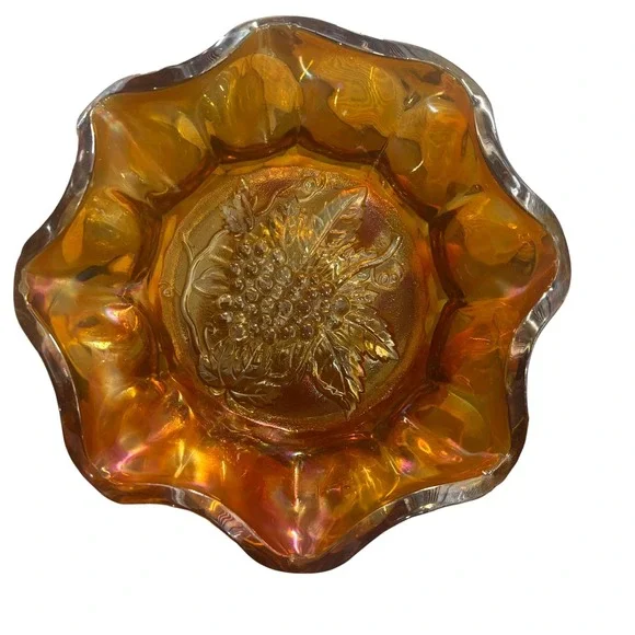 Vintage Marigold‎ Carnival Glass Bowl Grape Cluster Ruffled Edge 6 Inch