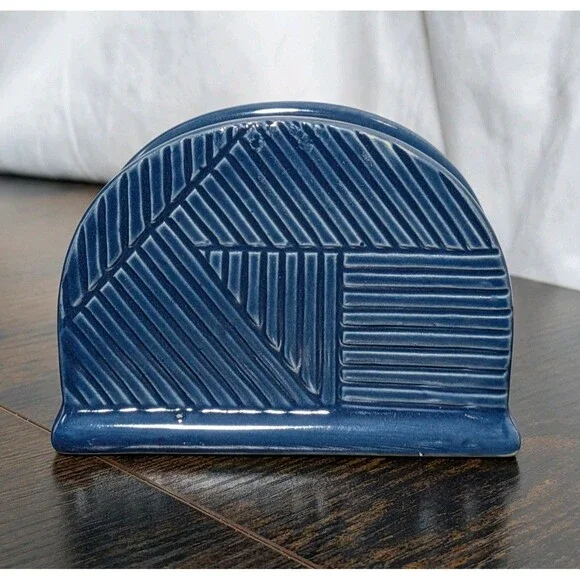 Vintage 90s Geometric Blue Napkin Letter Holder Desk Kitchen Decor Ceramic
