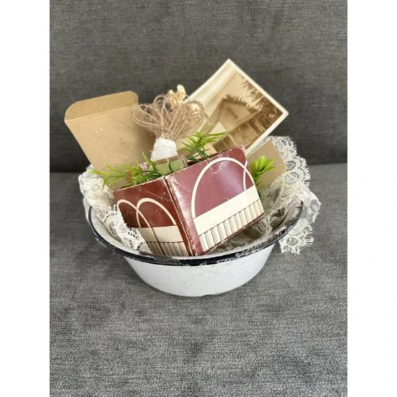Vintage Upcycled‎ Repurposed Primitive Vignette Tabletop Decor Enamel Med Bowl