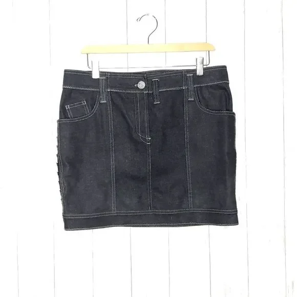 Vintage Christian Dior Y2K Grunge Goth Denim & Lambskin Mini Skirt Size 10