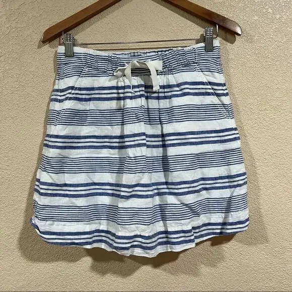 J. Crew Boardwalk Linen Skirt Blue White Striped Nautical Pockets Mini