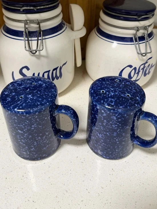 vintage Otagiri Japan salt and pepper shakers blue speckled glaze Cottagecore