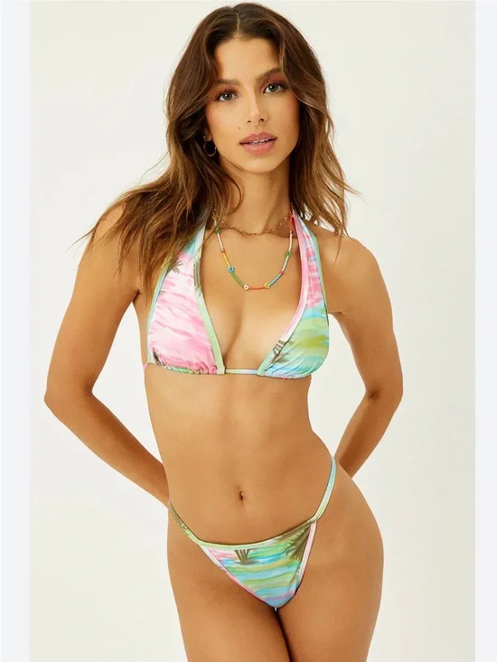 Frankies Bikinis 2 pc Set Palmz Print Halter Top And String Cheeky Bottom SZ M