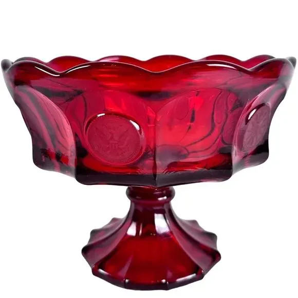 Fostoria Ruby Red Coin Glass Eagle Liberty Footed 8.5