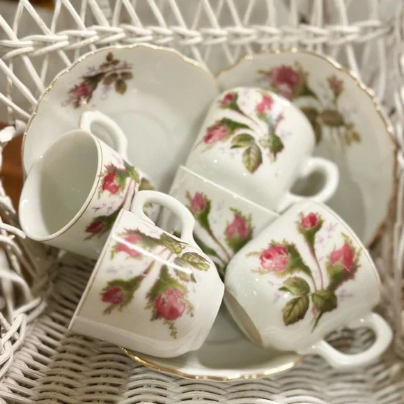 Moss Rose Floral Porcelain Demitasse and Footed Base Tea Cups and Saucers