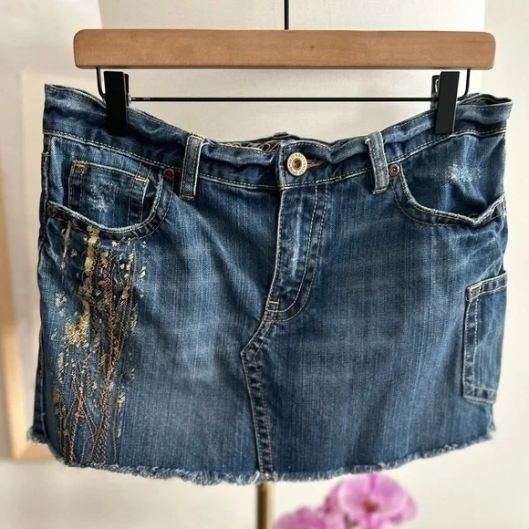Vtg 90’s Y2K Denim Micro Skirt Western 8 Boho Festival Cowgirl