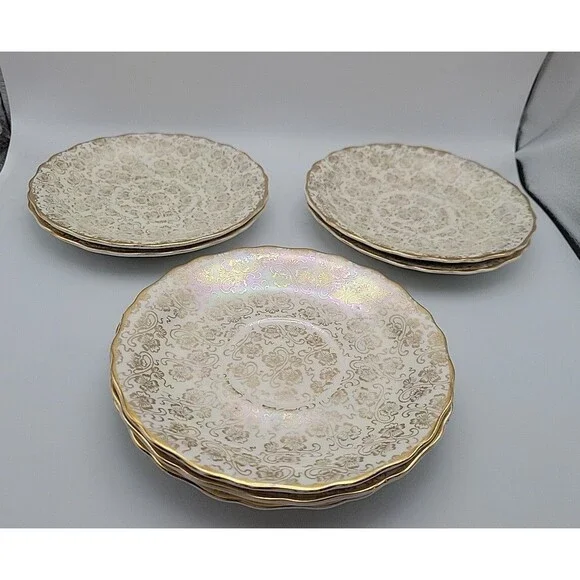 7 Lady Pearlwick 22k Gold Iridescent Saucer Plates ~ Beautiful ~ Read