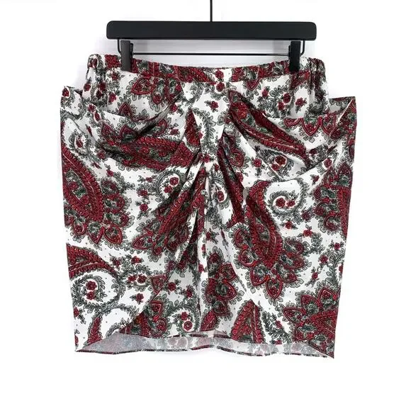 NWT ISABEL MARANT Tilena Techno Paisley Ruched Skirt Red White 44