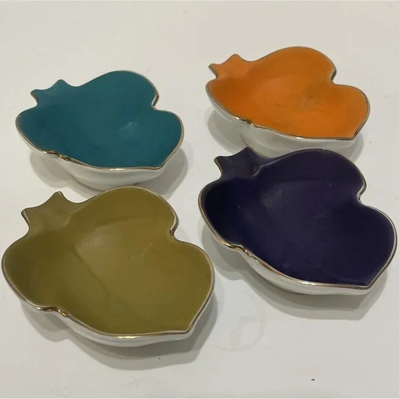 4 Gold‎ Trimmed Coloured Leaf Shaped Ceramic Bowls Trinket Condiments Japan