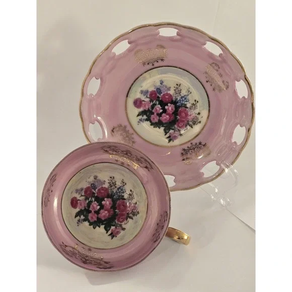 Vtg Pink Lusterware Teacup Saucer Set Floral Roses, Reticulated Edge, Gold Trim