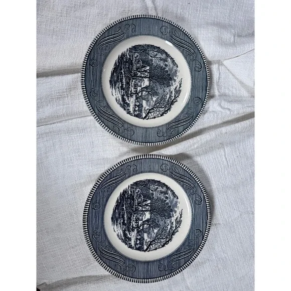 Royal China Americana Currier & Ives Blue White‎ Plates Old Grist Mill Set of 2
