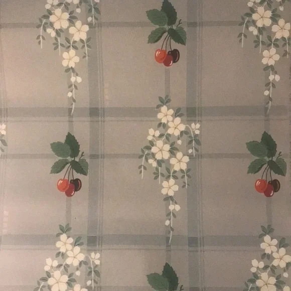 Vintage Trimz Wallpaper Blue Plaid with Cherries & White Flowers 2 Rolls