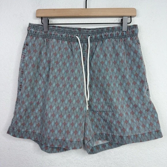 Faherty Swim Trunks Mens L Blue Abstract Diamond Pattern Drawstring Beach Shorts