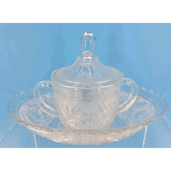 Vtg‎ Depression Glass Anchor Hocking Oval Serving Dish  + Sugar Bowl Floral - VG