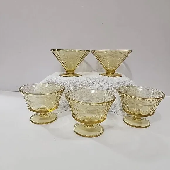 Federal Depression Glass Amber Footed Madrid Cone & Patrician Spoke Dessert Cups