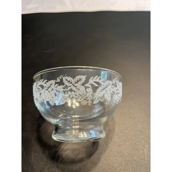 6 ~ Bartlett Collins Footed Dessert Custard Bowl Clear Glass White Grape Leaves