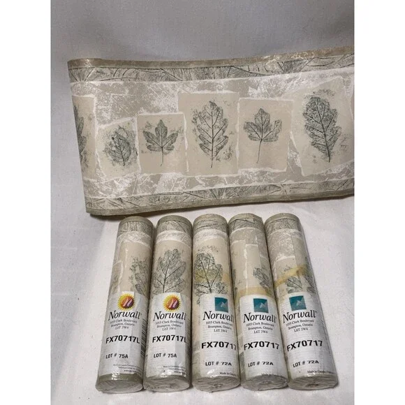 6 Rolls. Wallpaper Border Leaf Leaves Sage Green FX70717. New Norwall Prepasted