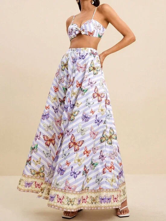 Multicolor Boho Women's Stripe Butterfly Print Maxi Skirt And Cami Crop Top Set