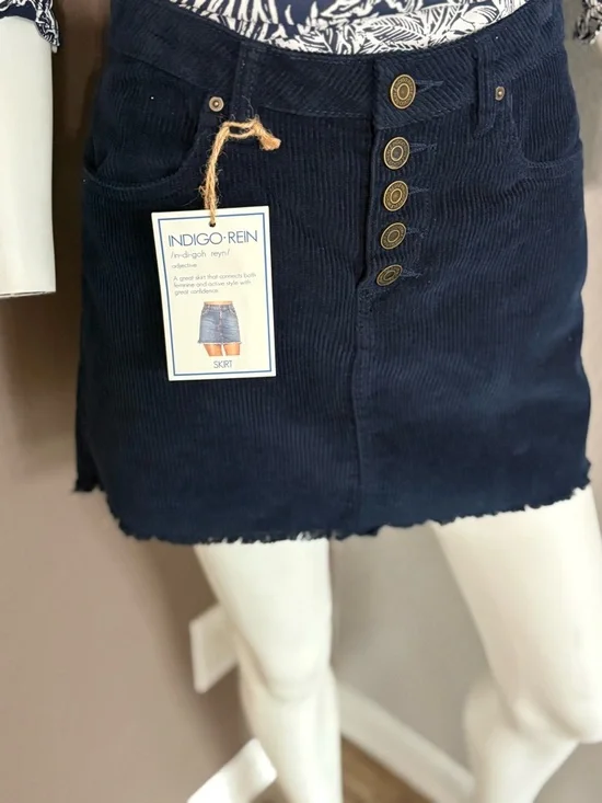 Indigo Rein Navy Corduroy Button Skirt
