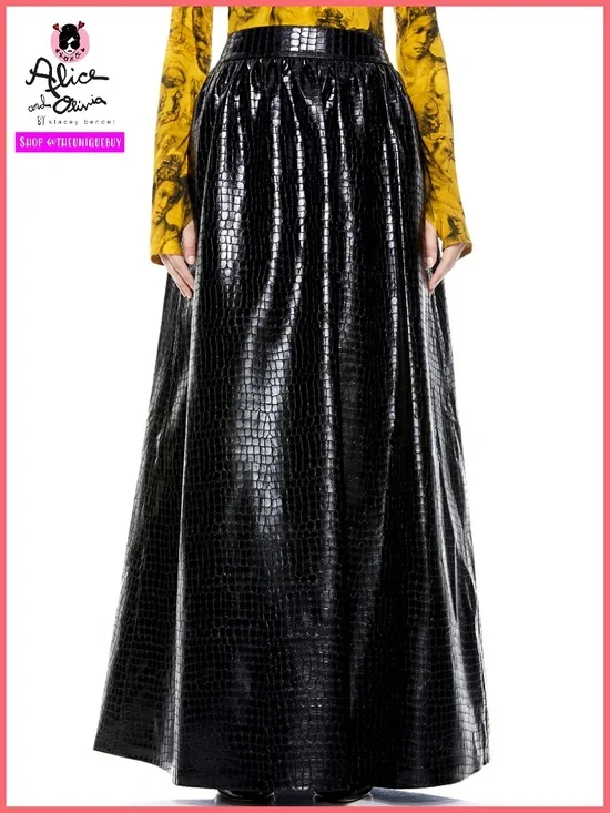 Alice + Olivia Tina Vegan Leather Gorgeous Black Ball Gown Maxi Skirt