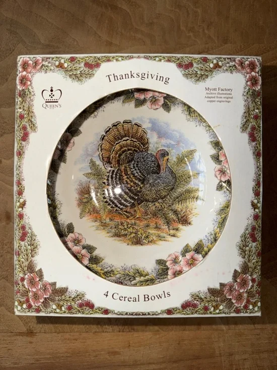 New in Box Set of 4 Queens Myott Factory Thanksgiving Turkey Cereal Bowls