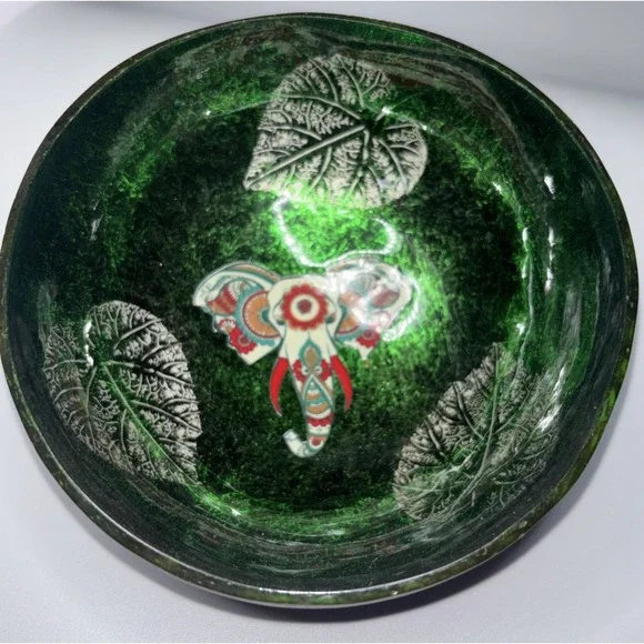Coconut Shell Trinket Bowl Elephant Stamp Green Iridescent‎ Artisan