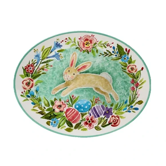 1 Certified Joy of Easter Bunny Rabbit Floral Melamine Large Oval Tray NEW