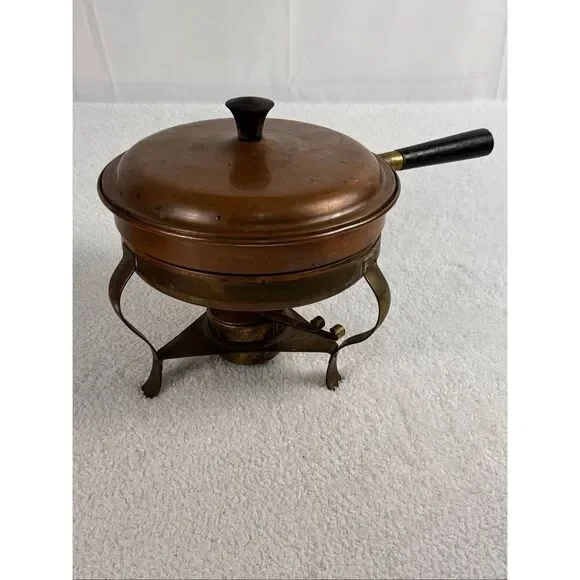 Vintage Copper and Brass Chafing Dish - Metal Stand/Wooden Handle