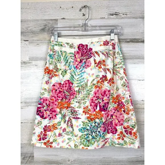 Talbots Womens 4 Petite White Pink Floral Pocket Tropical Stretch Mini Skirt NEW