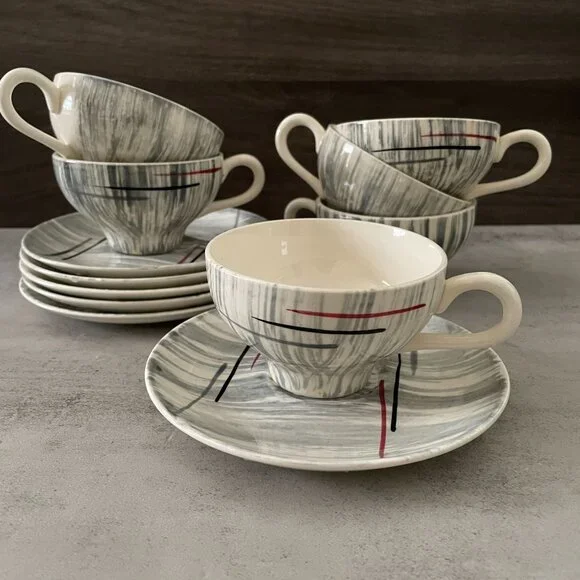 Vintage MCM Hiawatha Prim Rose Atomic Stetson China Six Tea Cups Saucers Sets