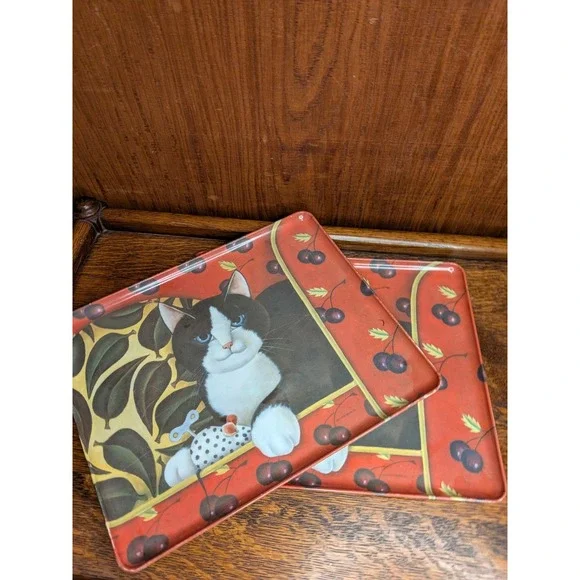 Set Of 2 Diane Jackson Melamine Trays, Tuxedo Cat w/Cherries Made In Italy 12
