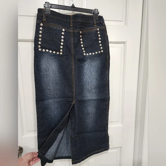 Studded Dark Blue Maxi Denim Skirt